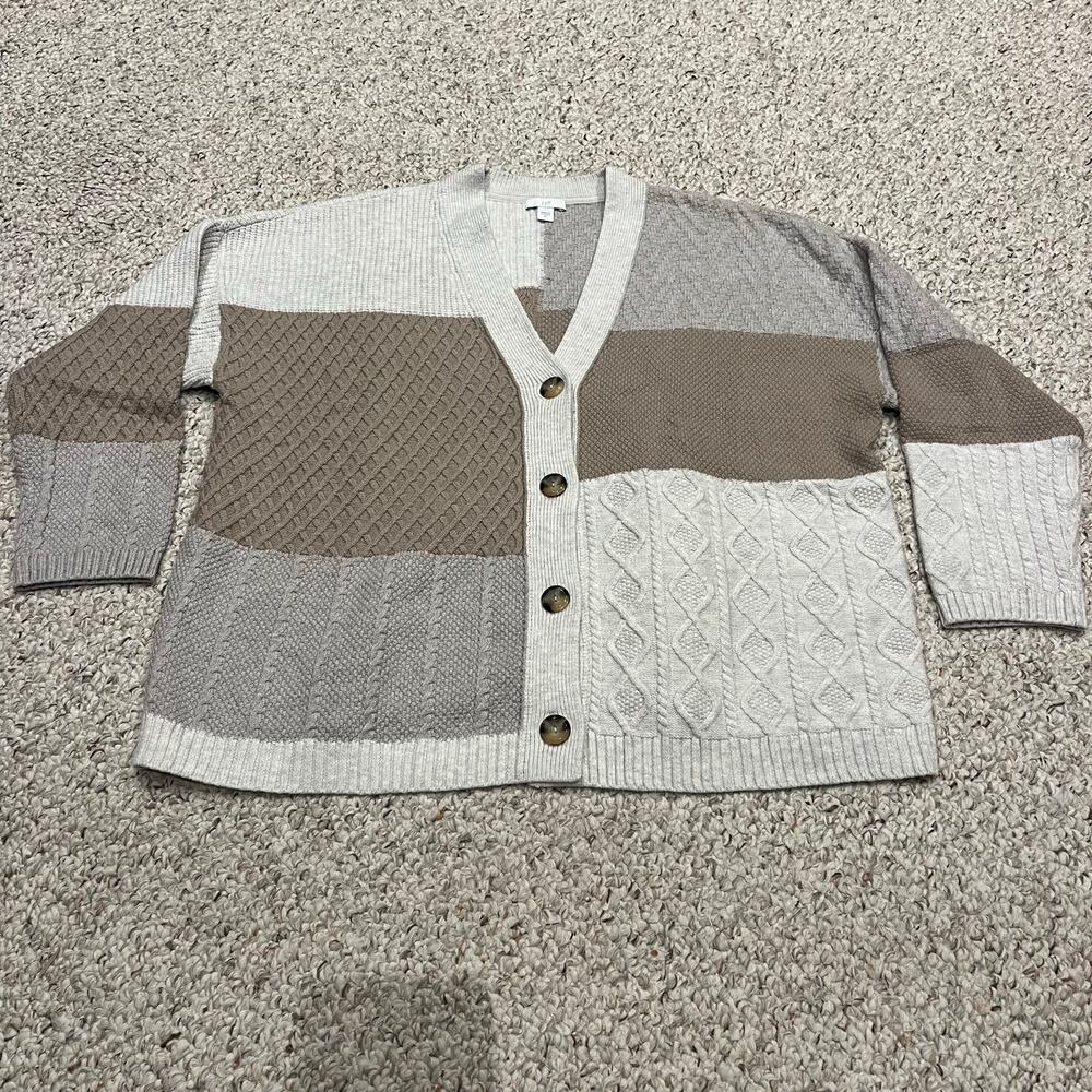 J Jill Patchwork Cable Knit Cardigan Sweater XL Cream Tan Classic Preppy Casual